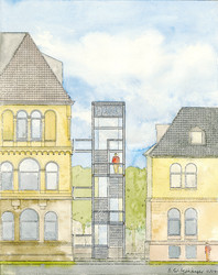 So soll sich der Aufzug mit Treppe in das bestehende Ensemble f&uuml;gen. (Aquarellzeichnung: Echter